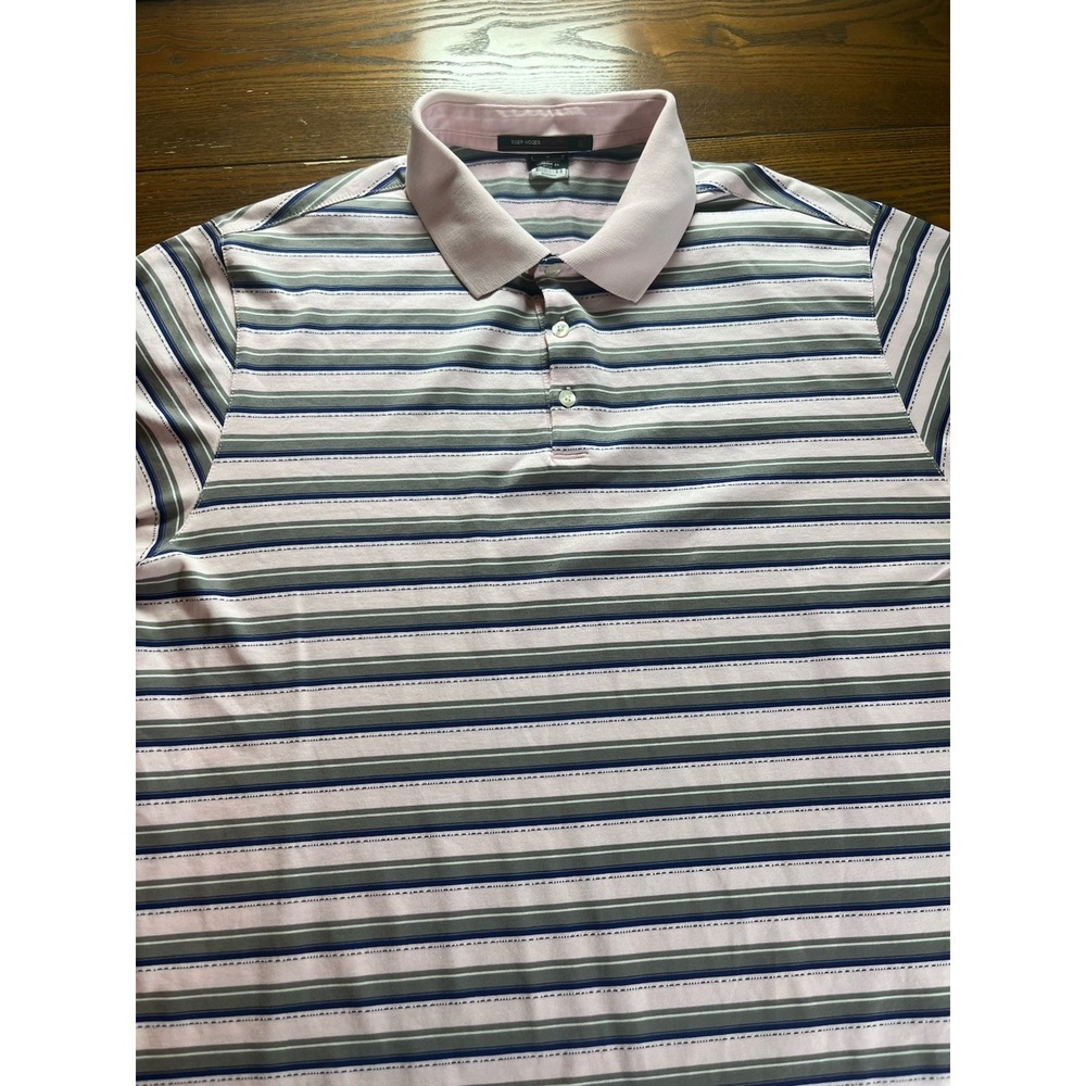 Nike Tiger Woods Collection Golf Polo Shirt Mens Large Pink Blue Striped TW EUC